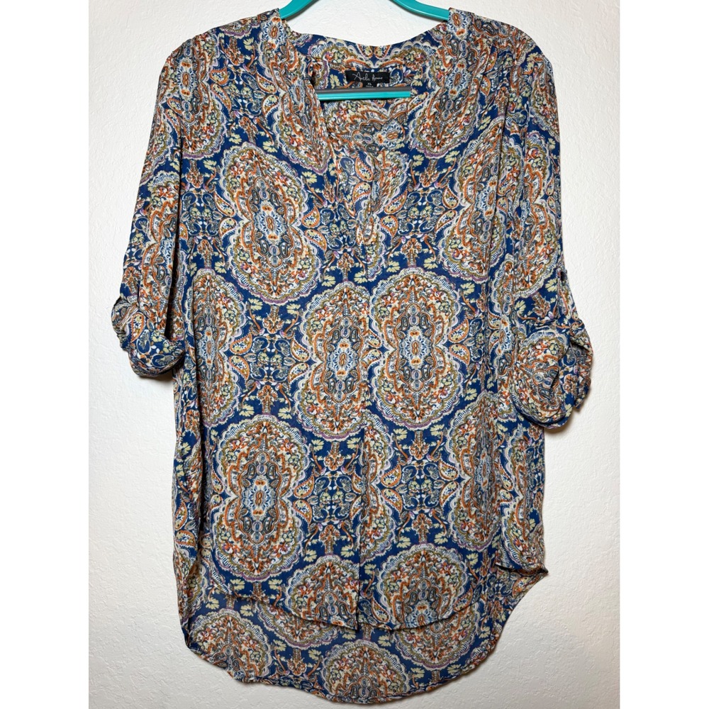 Antilia Femme Blue Orange Paisley Roll Tab Sleeve Blouse XL High Low Hem Top
